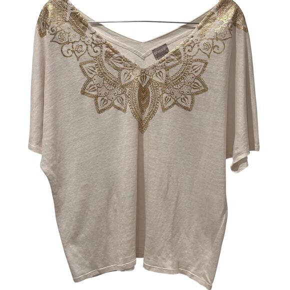 Chico's White Gold Foil Double V Neck Linen Tee Large/2 Beachy Mandala Design - Picture 11 of 13